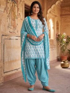 Blue Printed Cotton Blend Stitched Floral Print Salwar Kurta Dupatta For Women