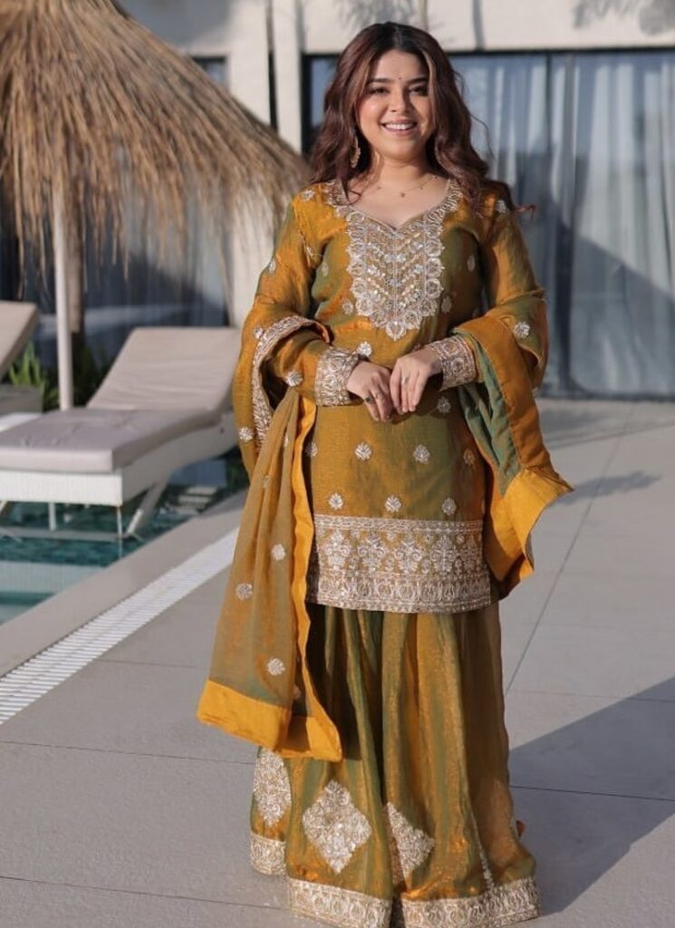 Mehendi Zari & Sequins Embroidered Work Stitched Top Sharara With Dupatta Set