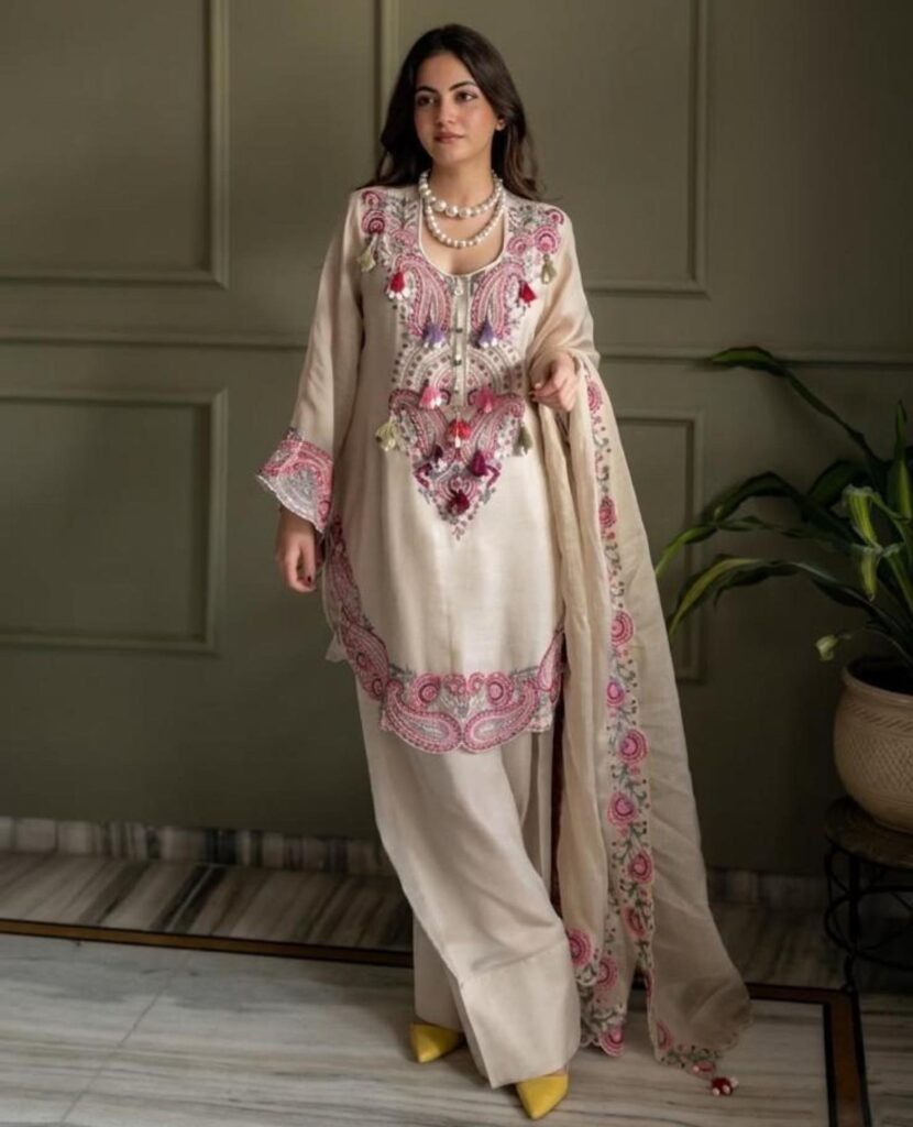 Off White Georgette Embroidered Farshi Salwar Set Stitched