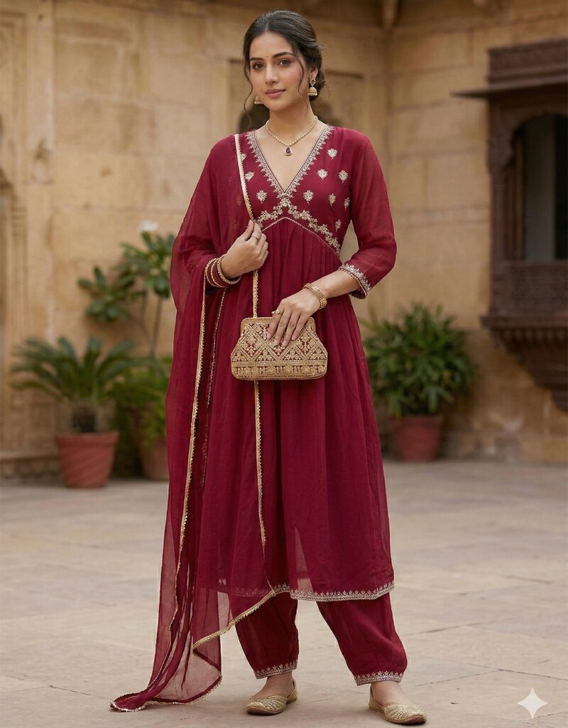 Arriva Fab Women's Faux Georgette Embroidered Alia Cut Kurta Set With Dupatta Stitched
