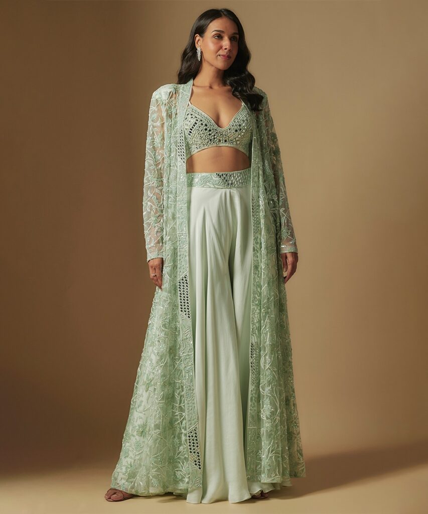 Avreal Mirror Work Blouse Paired With Embroidered Jacket And Sharara