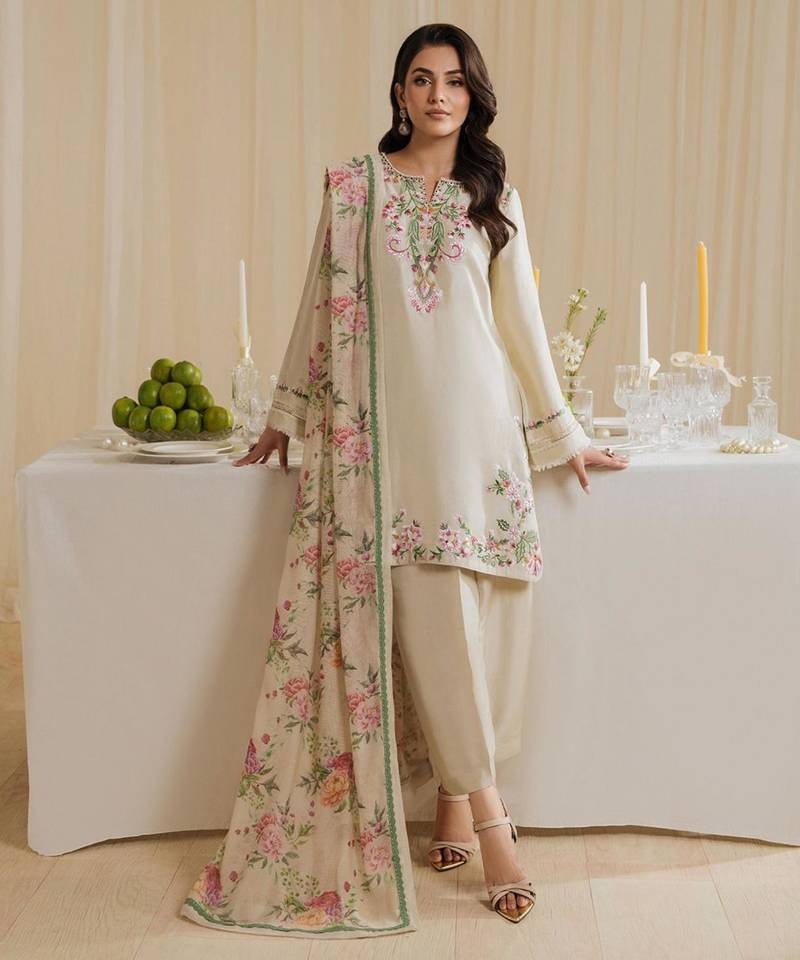 Beige Crepe Embroidered Farshi Salwar Set Stitched