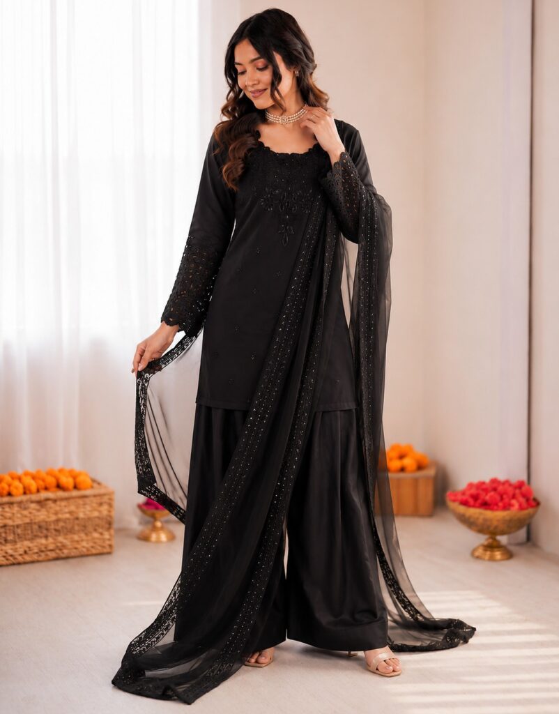 Black Crepe Thread With Sequin Farshi Salwar Suit