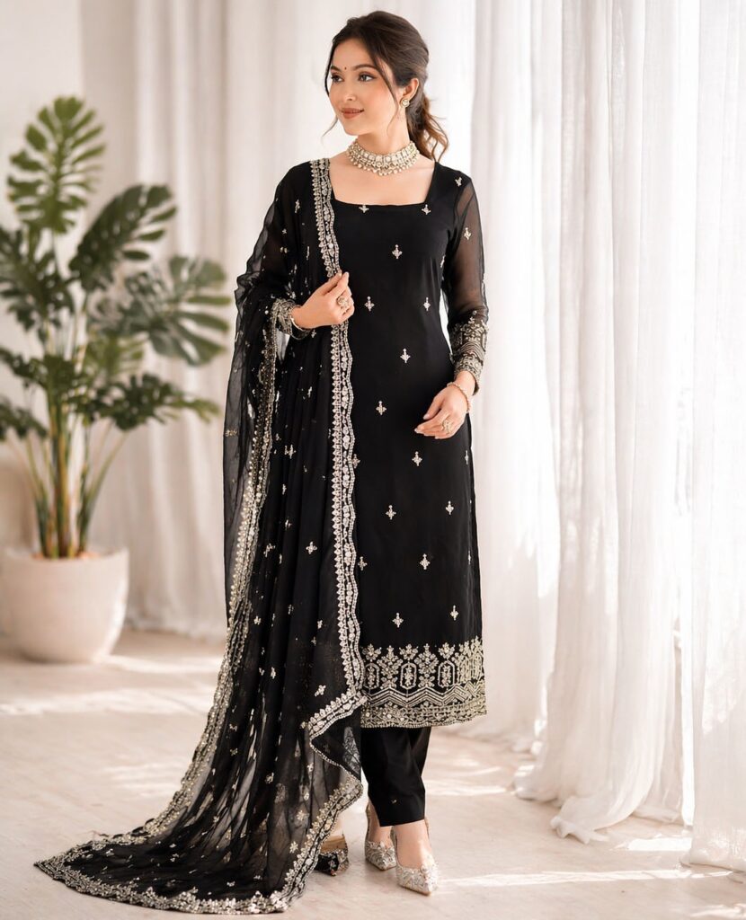 Black Georgette Thread With Sequin Salwar Suit Stitched