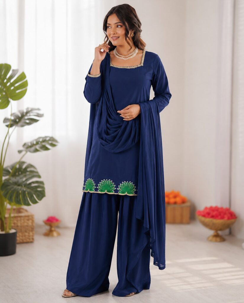 Blue American Silk Thread With Sequence Farshi Plazzo Suit
