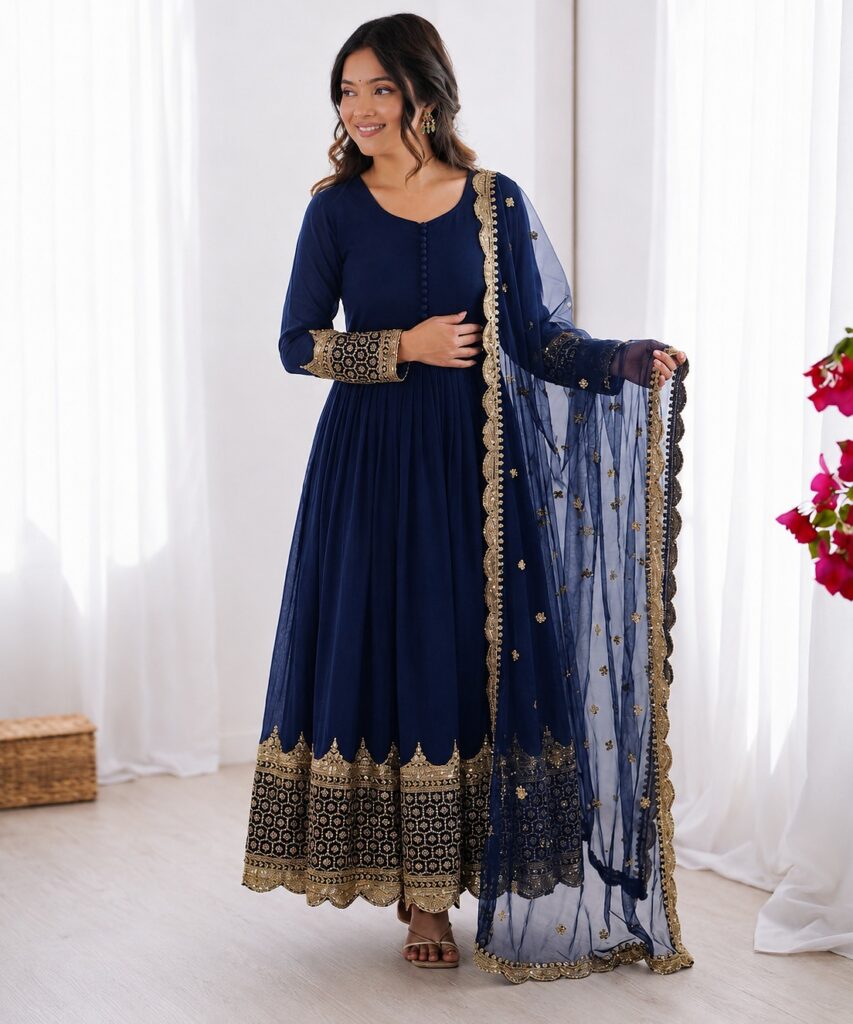 Blue Georgette Embroidered With Sequin Anarkali Suit Stitched