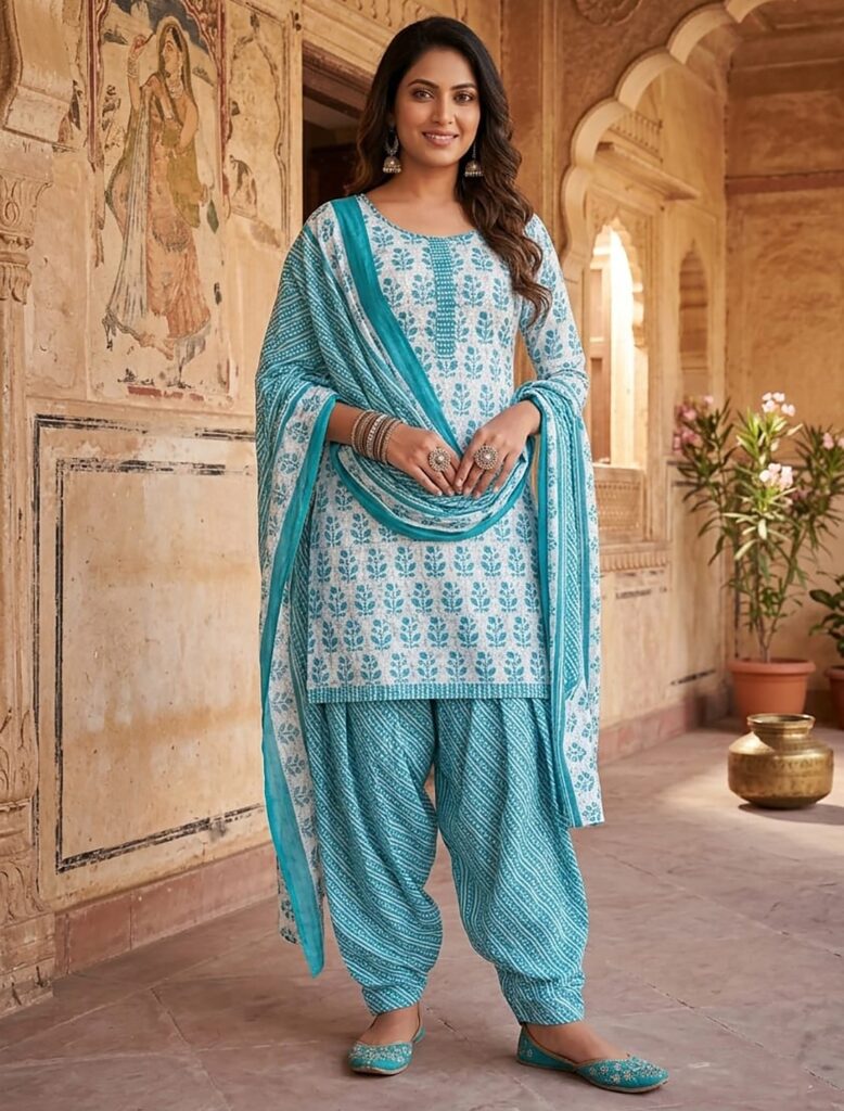 Blue Printed Cotton Blend Stitched Floral Print Salwar Kurta Dupatta For Women