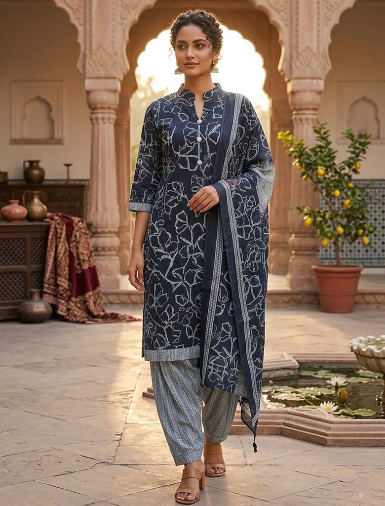 Blue Printed Cotton Blend Stitched Geometric Print Salwar Kurta Dupatta For Women