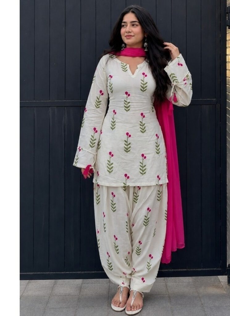 Cream Printed Cotton Full Stitched Farshi Salwar Suit Set