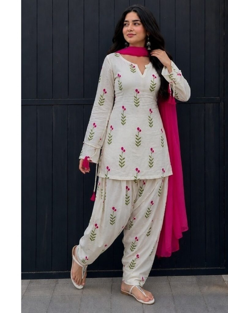 Cream Printed Cotton Full Stitched Farshi Salwar Suit Set