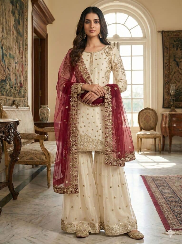 Ivory And Maroon Sharara Set Stitched