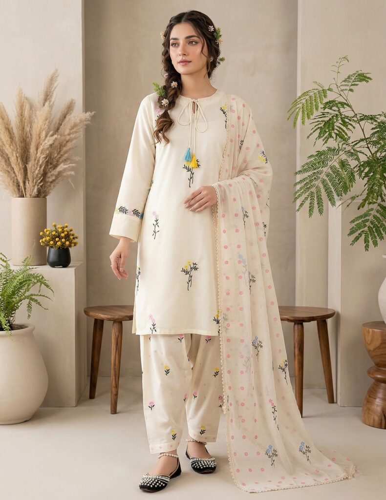 Ivory Cotton Silk Kurta Set With Farshi Embroidery Stitched