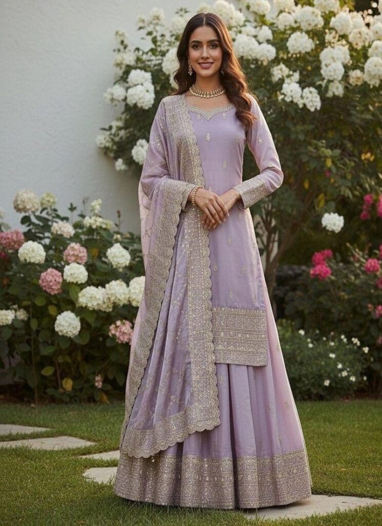 Lavender Embroidered Traditional Suit With Sheer Dupatta Stitched