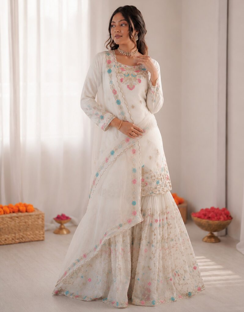 Off White Art Silk Thread Sequin With Sharara Suit Stitched