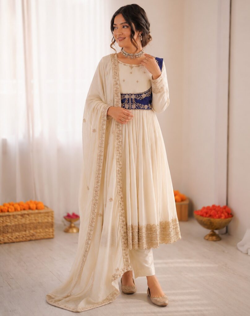 Off White Chinon Silk Thread With Sequin Anarkali Suit
