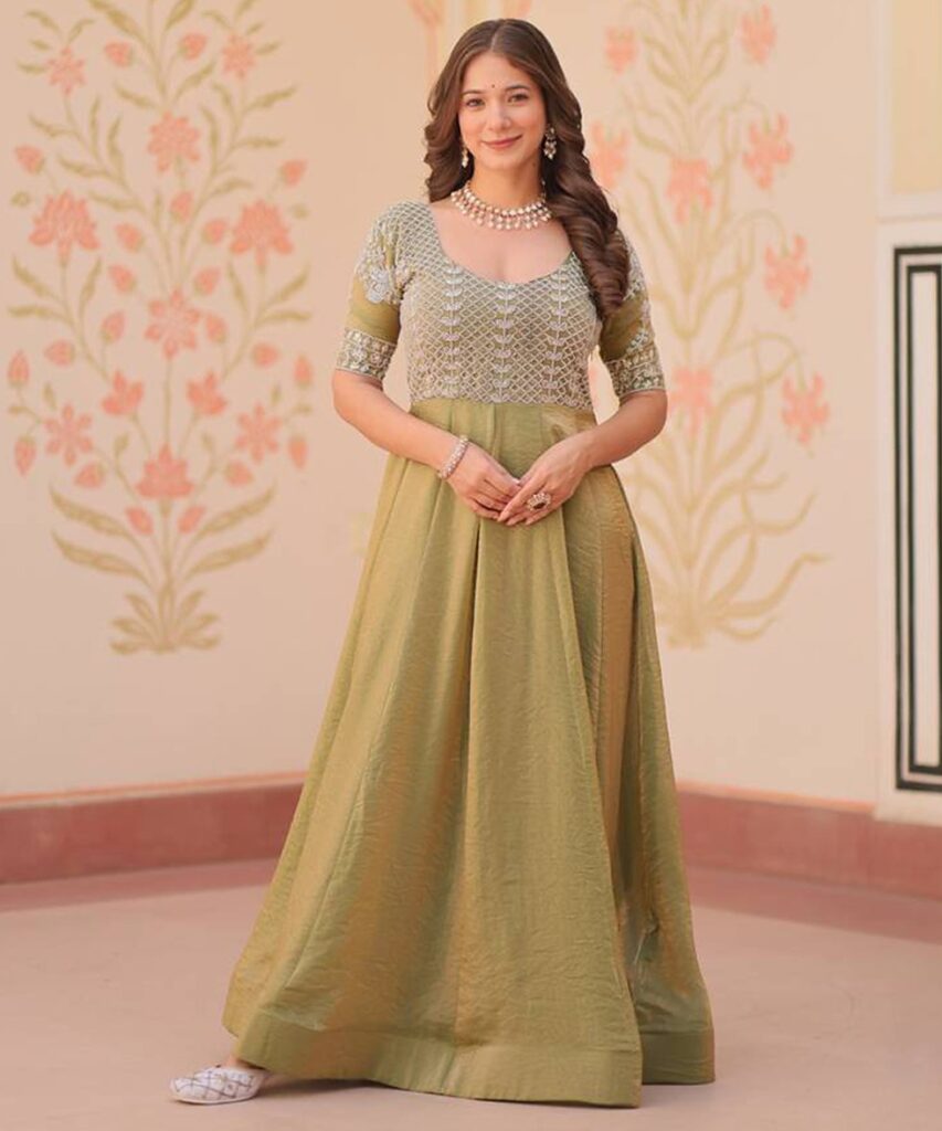 Olive Embroidered Gown Stitched