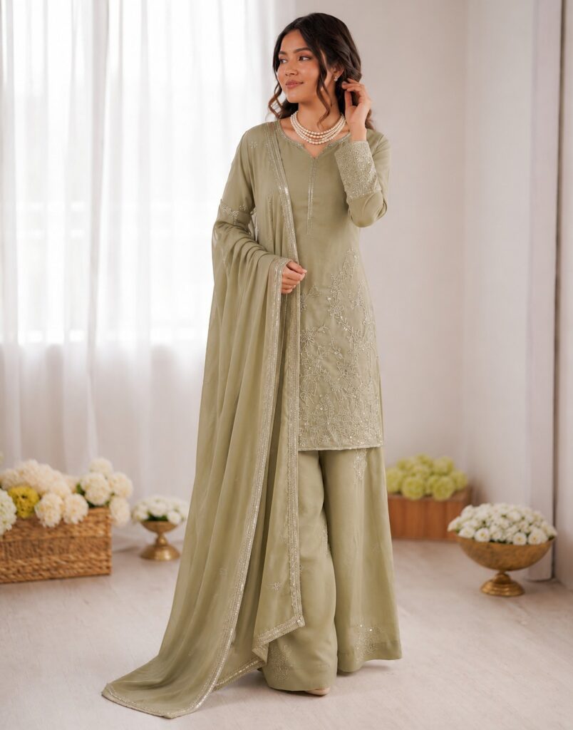Olive Green Georgette Thread With Sequence Plazzo Suit