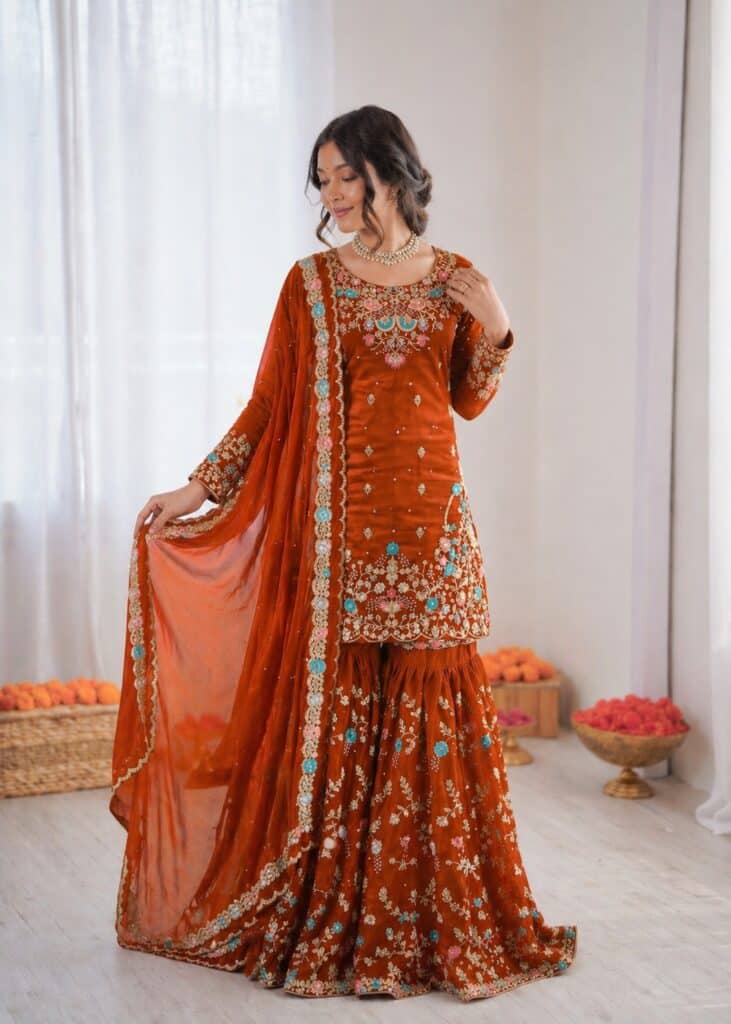 Orange Art Silk Thread Sequin With Sharara Suit Stitched