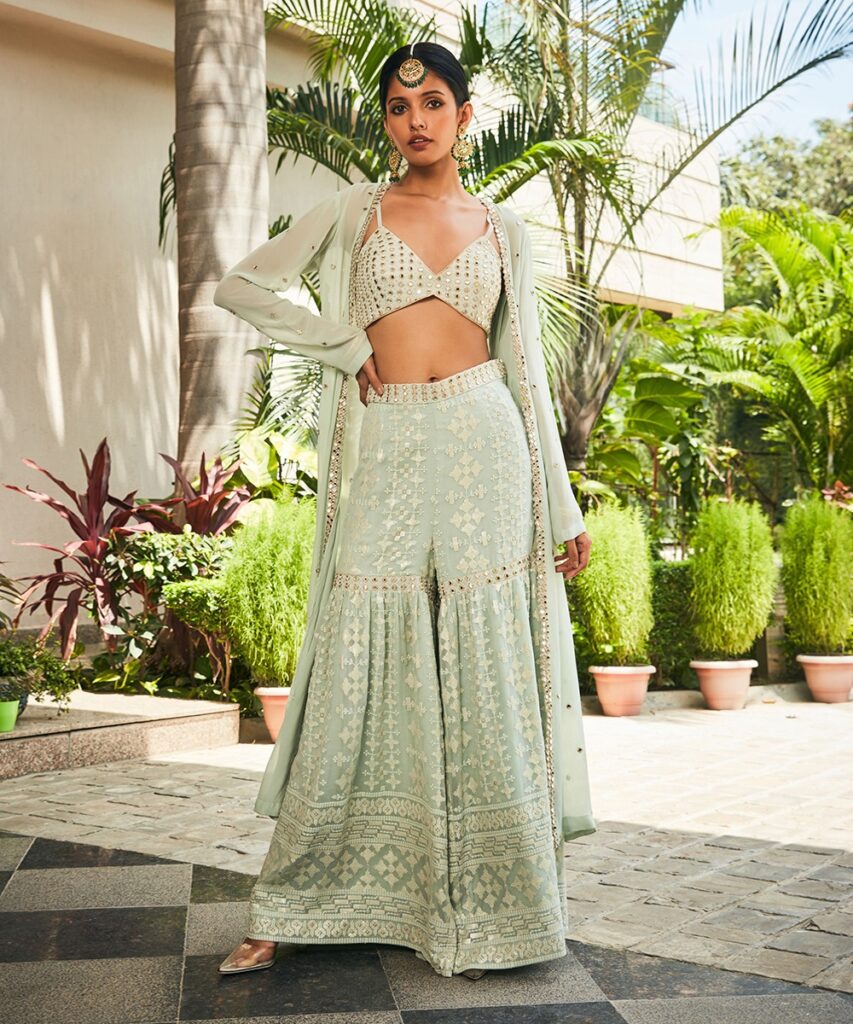 Pastel Green Ruhi Mirror Work & Chikankari Sharara Set