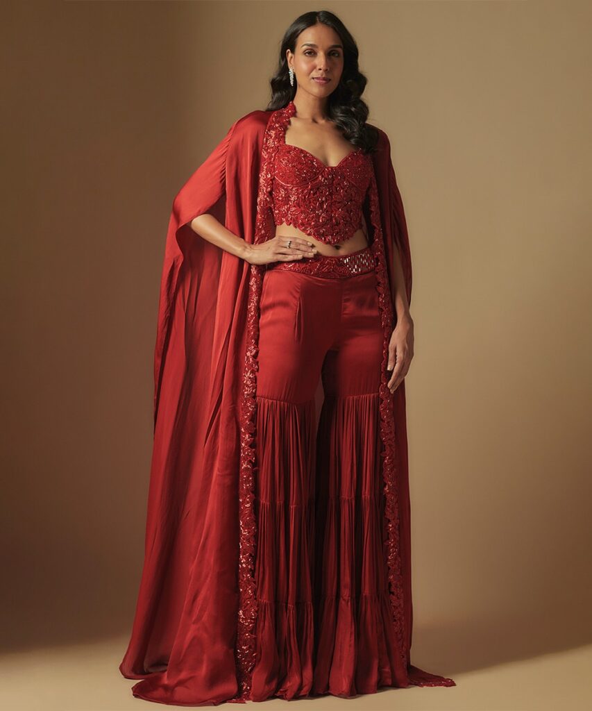 Pepper Hand Emb Blouse And Long Cape Paired With Sharara