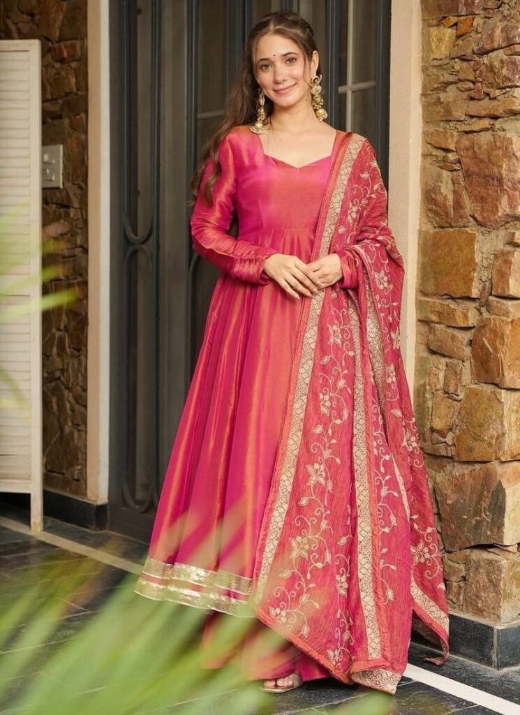 Pink Anarkali With Embroidered Dupatta Stitched