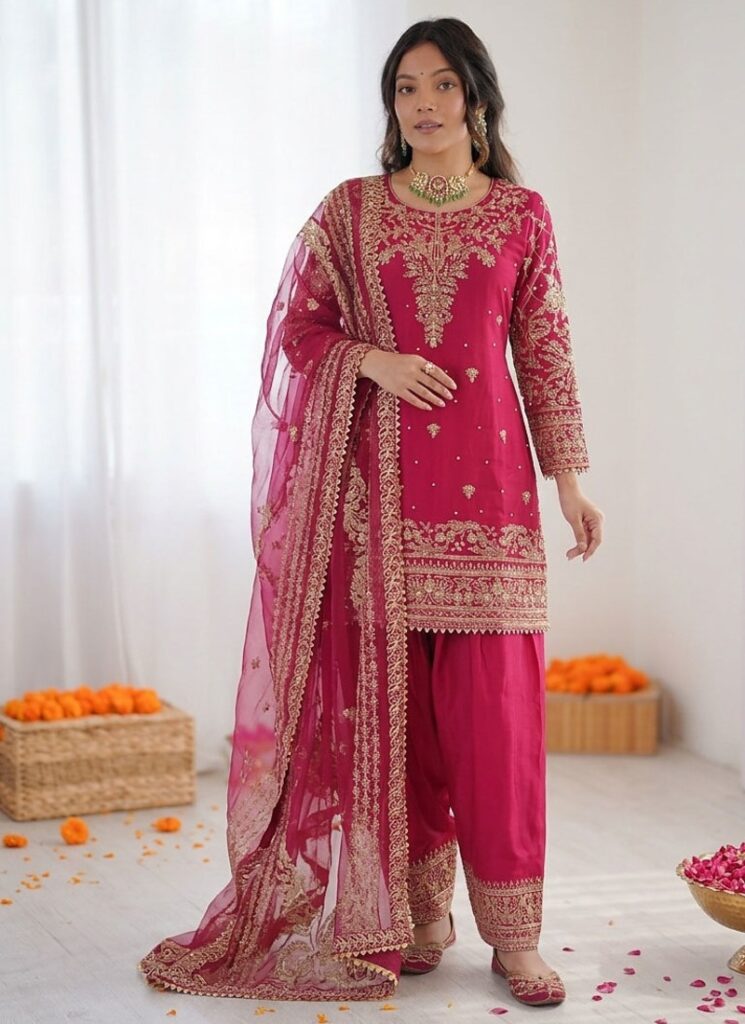 Pink Crepe Silk Thread Sequin Farshi Salwar Suit Stitched
