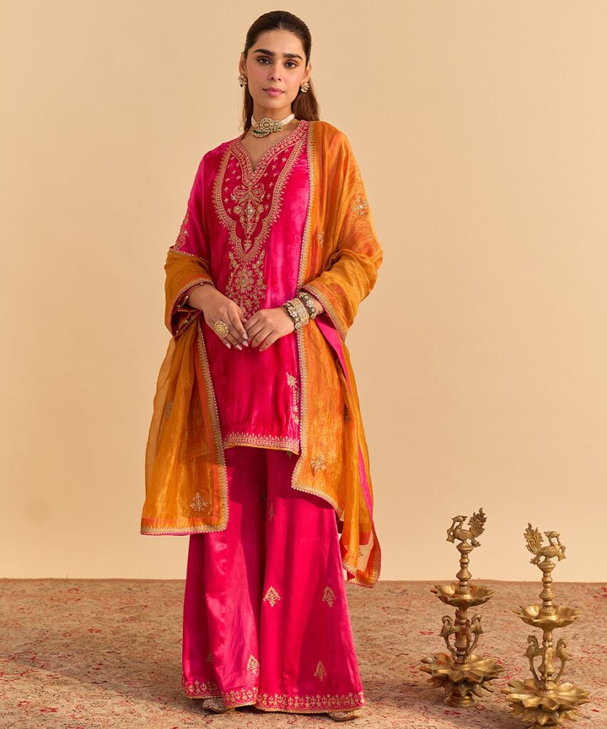 Pink Embroidered Velvet Sharara Set With Dupatta