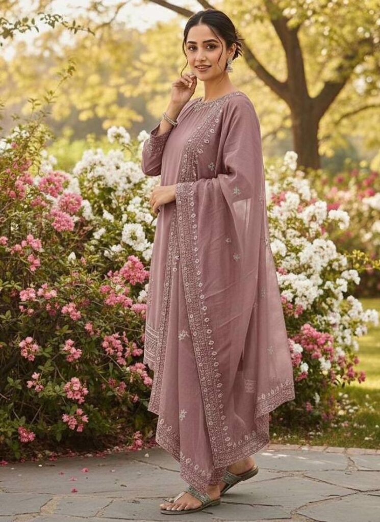 Pink Floral Embroidered Suit Stitched