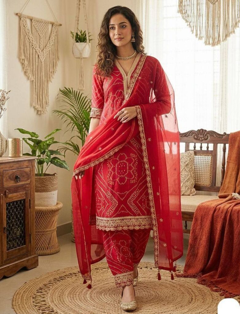Red Bandhani Print Salwar Suit Set With Net Dupatta Stitched