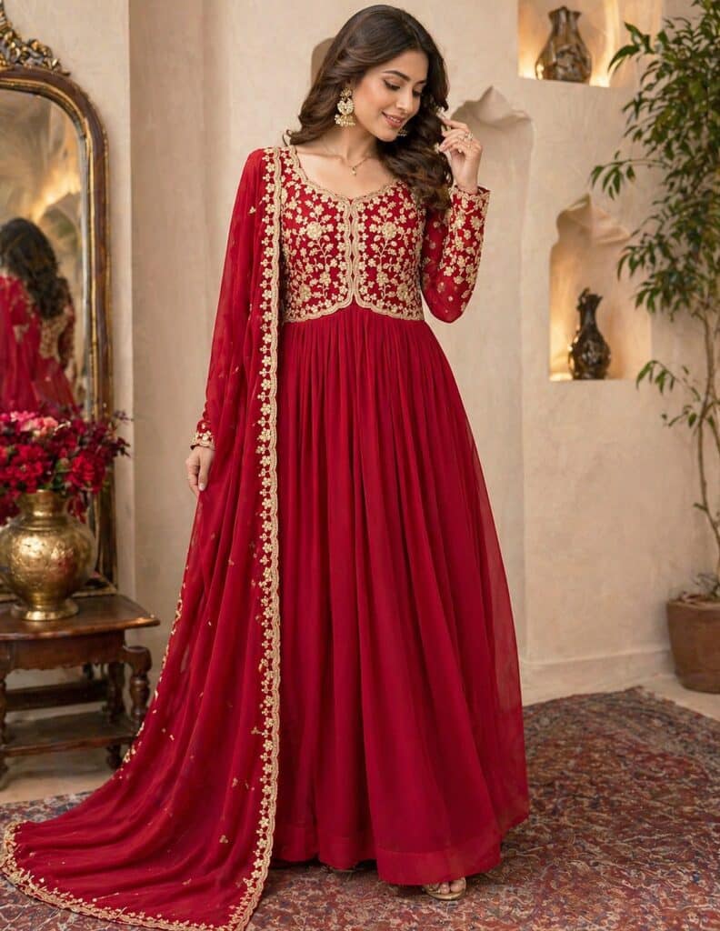 Red Embroidered Georgette Gown