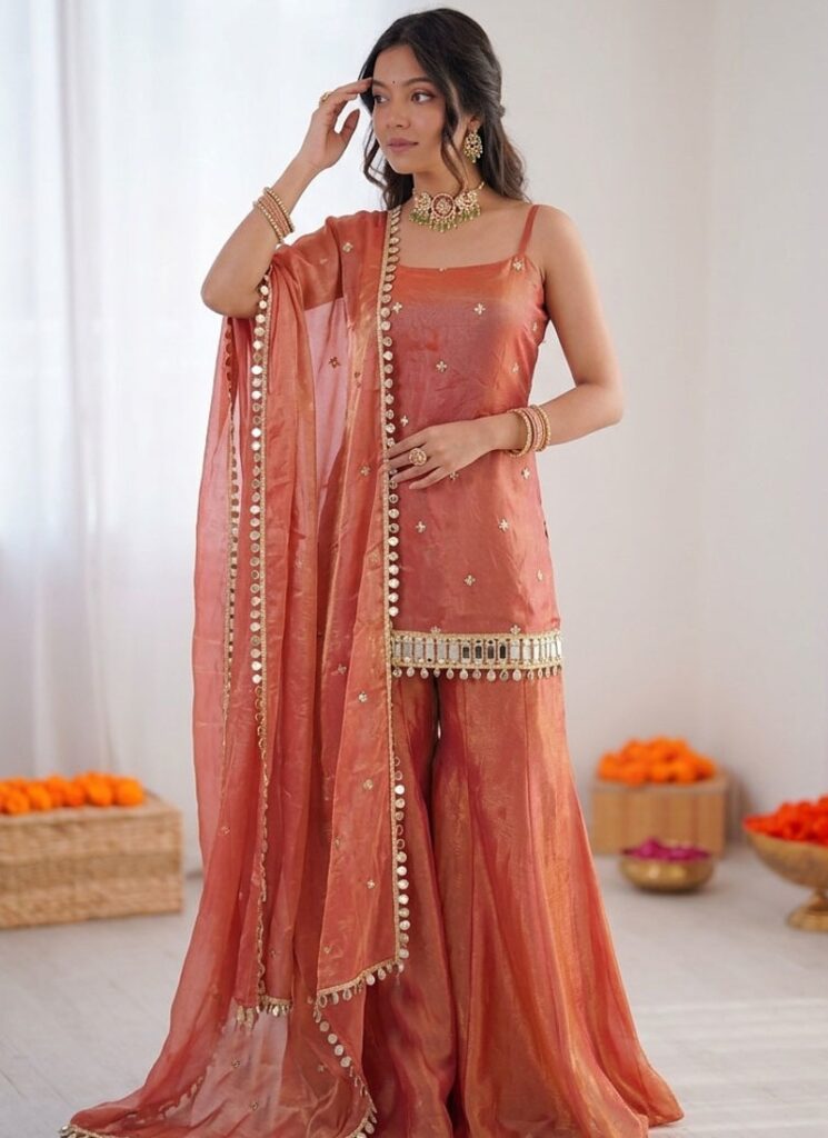 Rust Orange Fendy Silk Thread With Mirror Work Plazzo Suit Stitched
