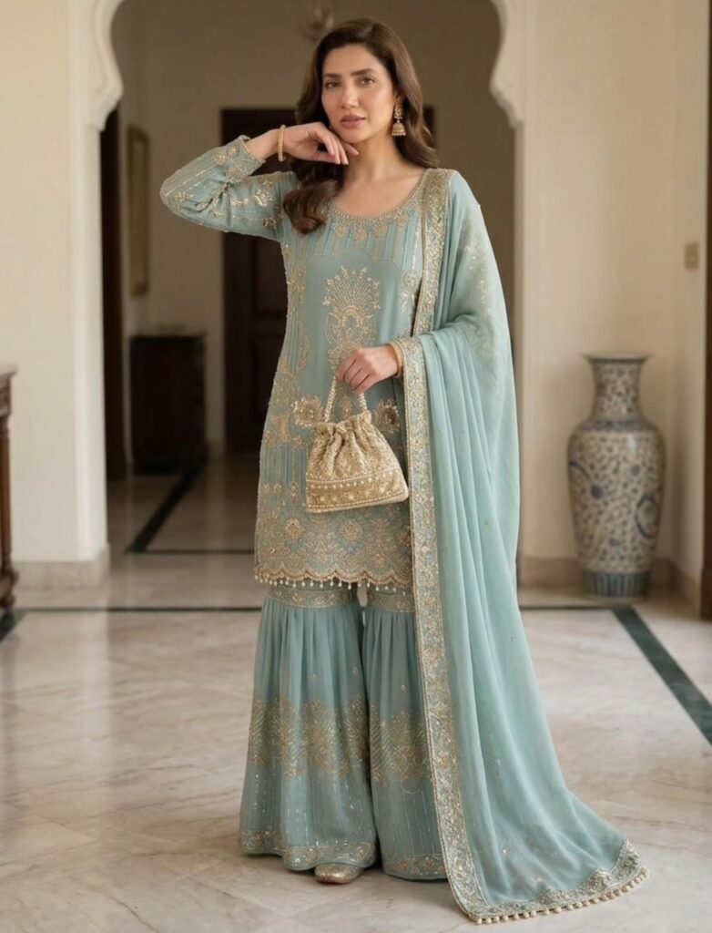 Sea Green Georgette Sharara Suit With Zari Work Stitched