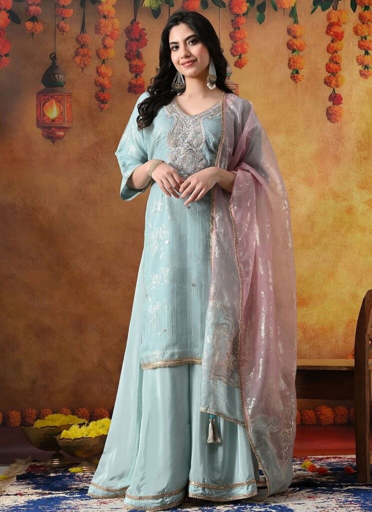 Sky Blue Organza Embroidered Sharara Set Stitched