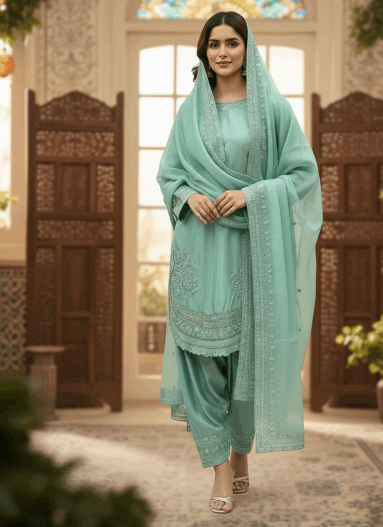 Tiffany Blue Palazzo Soft Fabric Kurti With Palazzo Stitched