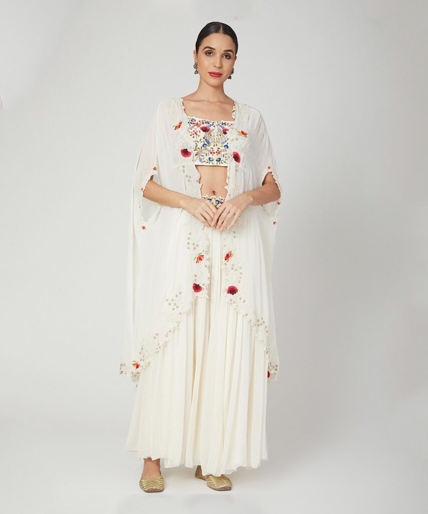 White Sharara With Crop Top And Cape