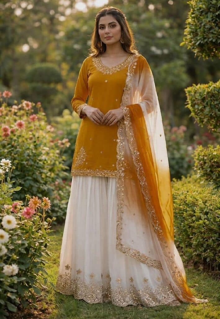 White & Yellow Sharara Set Stitched
