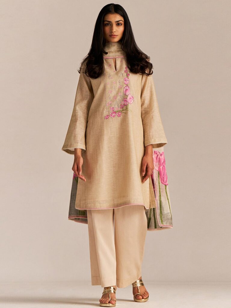 Beige And Pink Woven Kurta Set