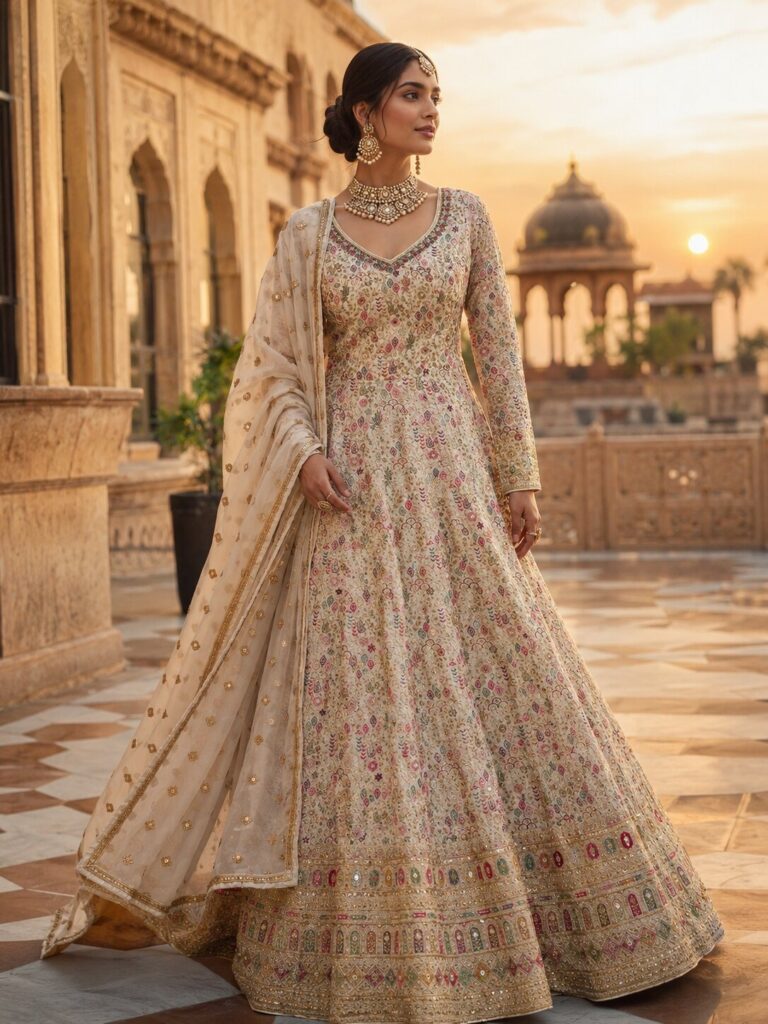 Beige Georgette Anarkali Suit Semi stitched