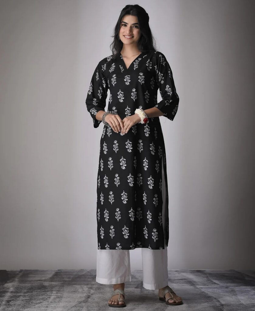 Black Color Cambric Cotton Ceremonial Printed Kurti