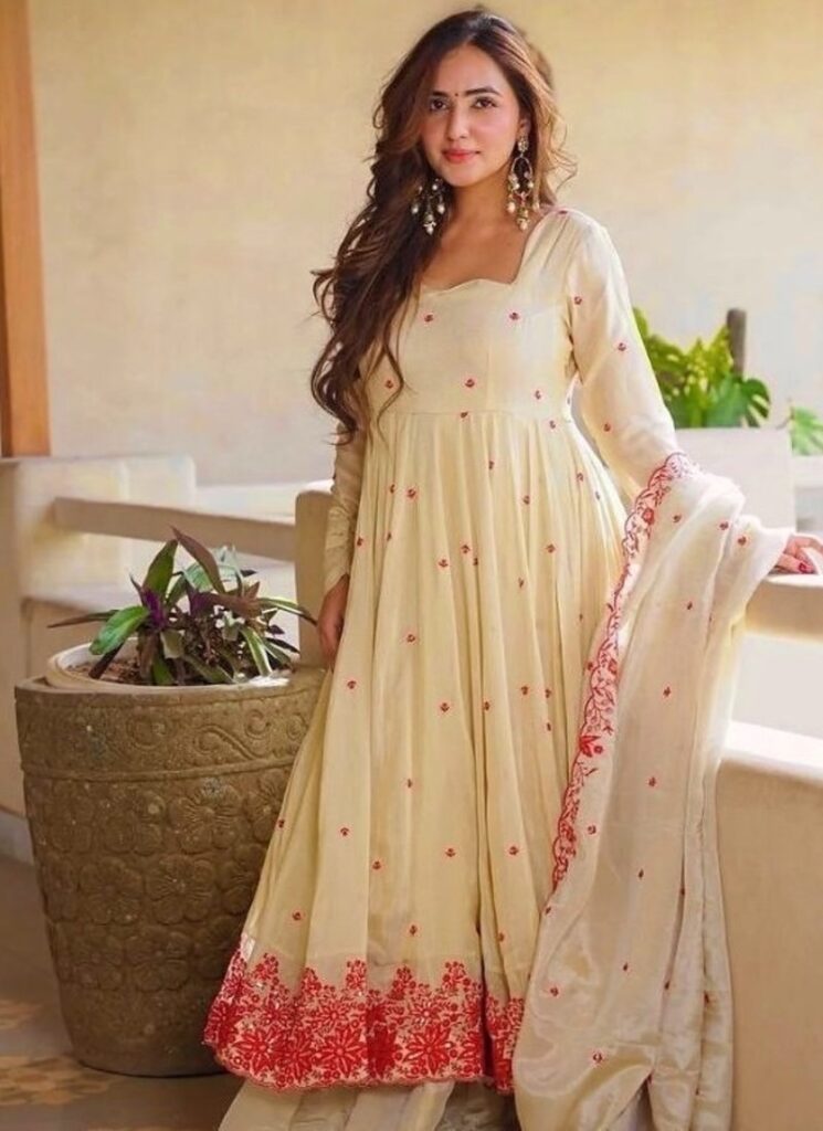 Cream Embroidered Cosmos Silk Full Stitched Anarkali Suit