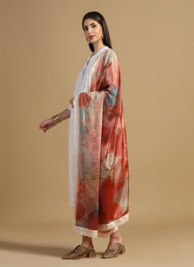 Digital Floral Motif Print Chinon Silk Embroidery Traditional Dupatta