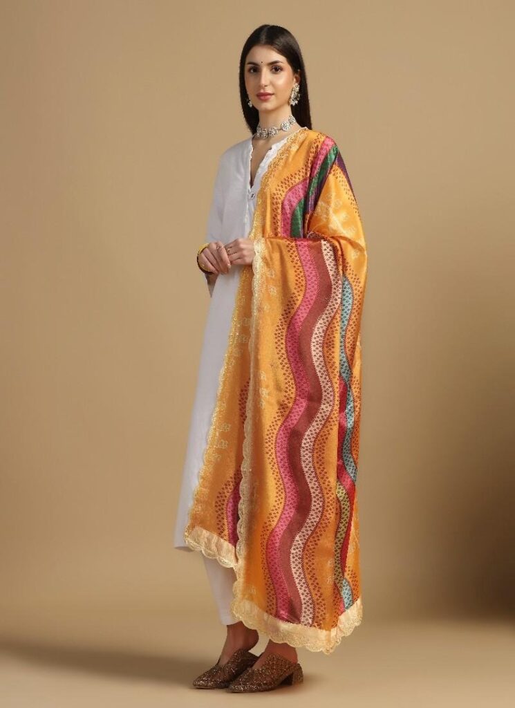 Digital Floral Motif Print Chinon Silk Embroidery Traditional Dupatta