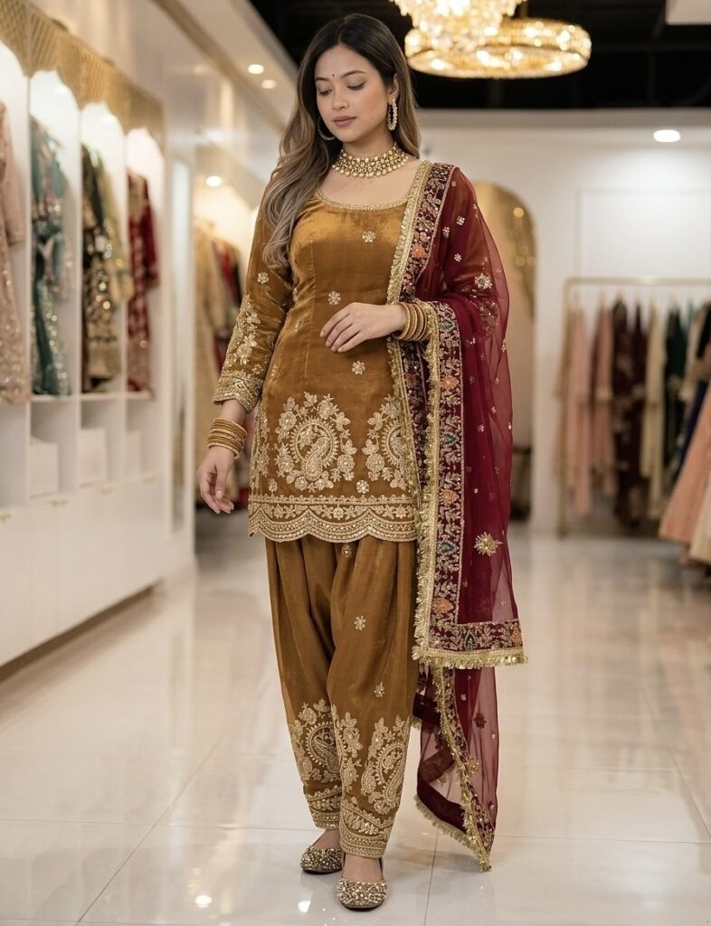 Gold Silk Blend Embroidered Farshi Salwar Suit Set Stitched