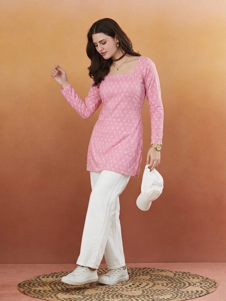 Handmade Block Printed Rayon Pink Tops & Tunics