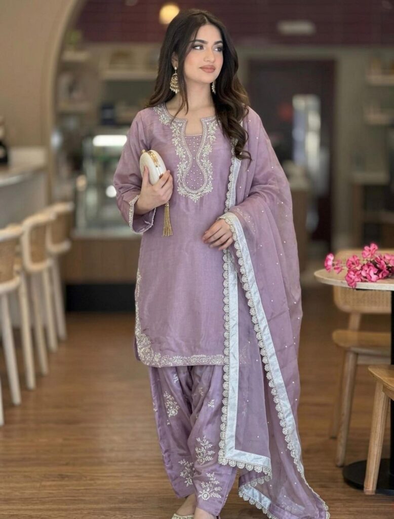 Lavender Silk Blend Embroidered Farshi Salwar Kameez Stitched