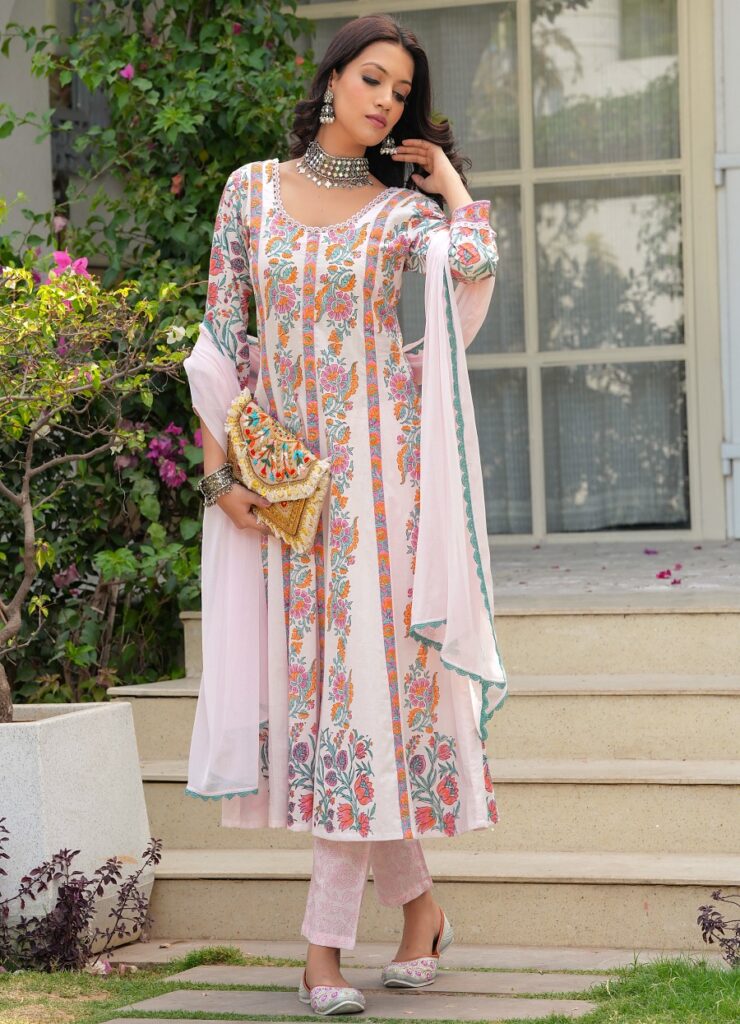 Light Pink Hand Block Print Anarkali Kurta With Pants & Chiffon Dupatta Set Stitched