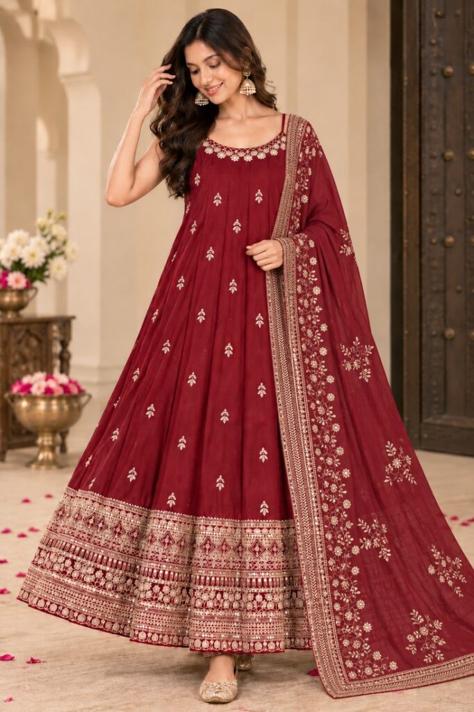 Maroon Vichitra Silk Anarkali Suit Zari Embroidery Stitched