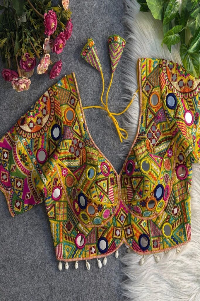 Mustard Yellow Mirror Work Italian Silk Choli Navratri Blouse