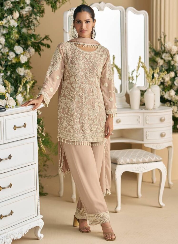 Pastel Mauve Embroidery Stone Beads Georgette Pant Suit Stitched