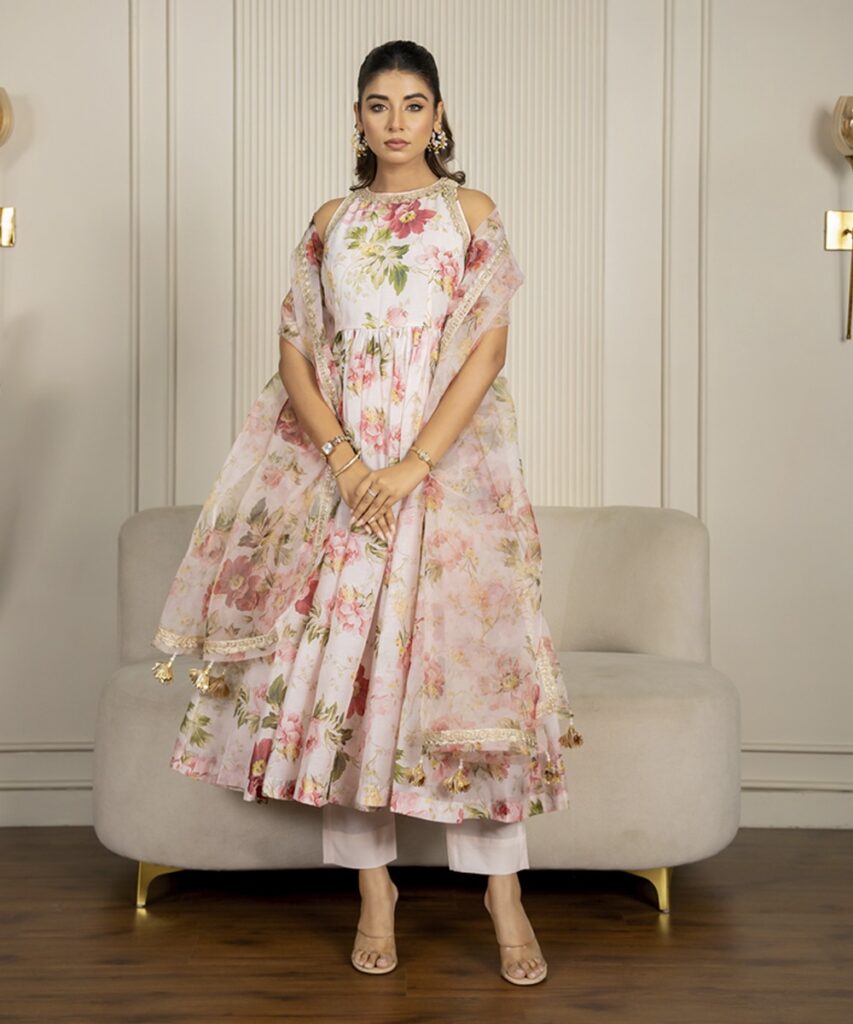 Peach Chanderi Floral Printed Anarkali Set
